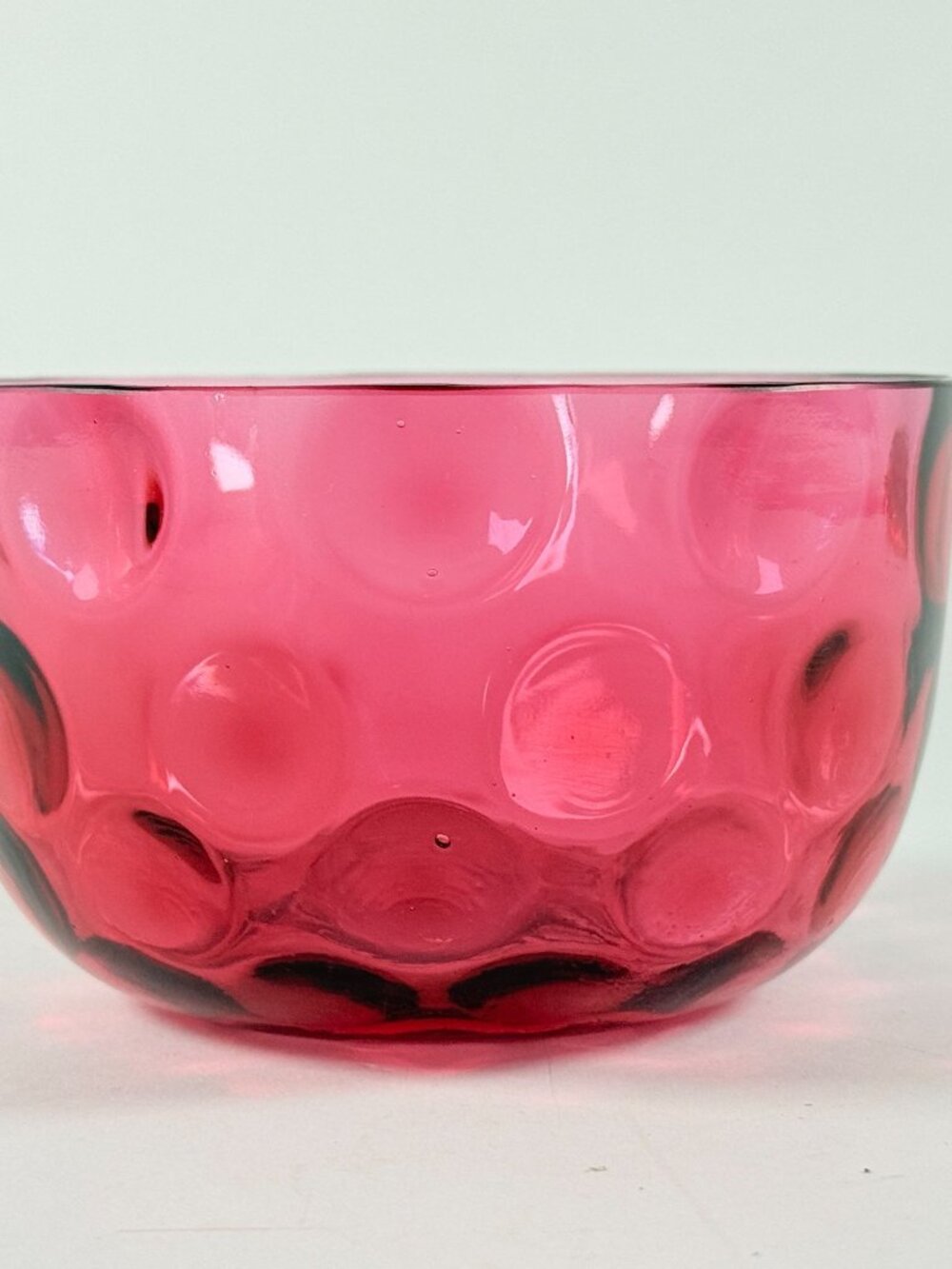 Vintage Fenton Cranberry Coin Dot Bowl Optic Thumbprint Art Glass Ruffled
